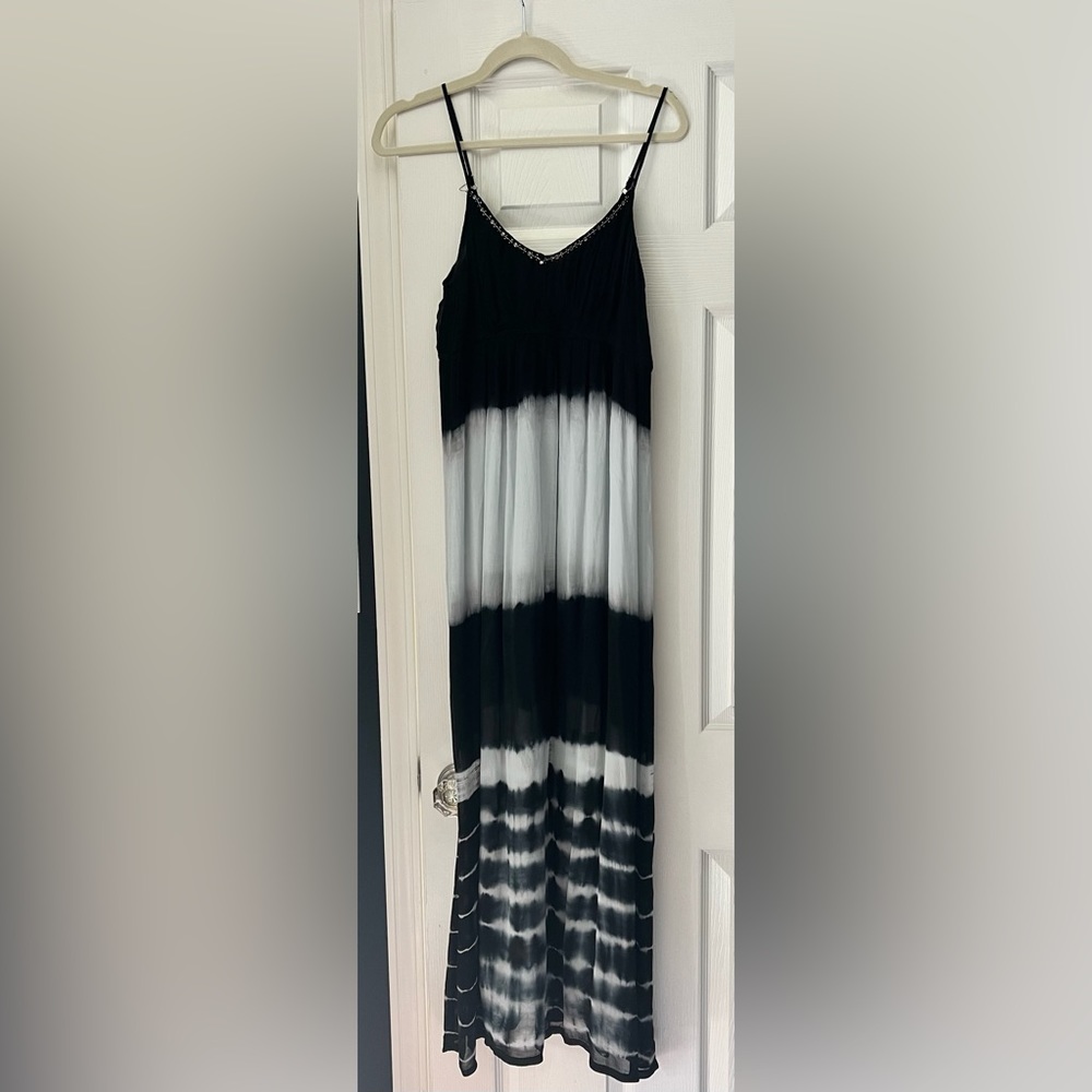 Anthropologie Black Gray Tie Dye Beaded Maxi Dress Size XS